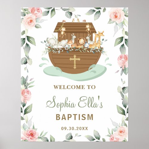 Pink Floral Noahs Ark Girl Baptism Welcome Poster