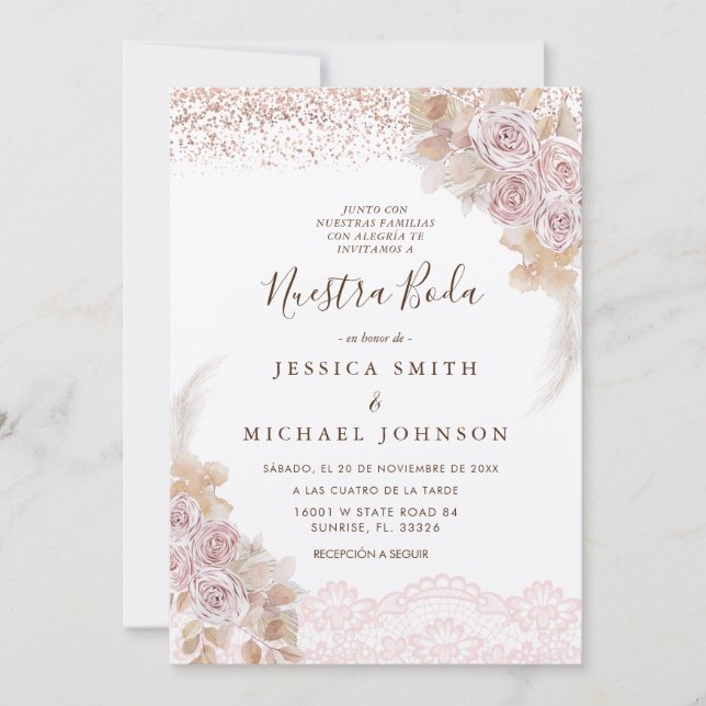 Pink Floral Nuestra Boda Spanish Wedding  Invitation (Front)