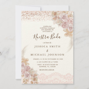 Pink Floral Nuestra Boda Spanish Wedding Invitation