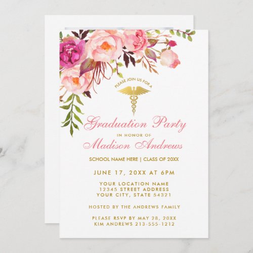 Pink Floral Nurse Grad Party Invite _ Back Photo