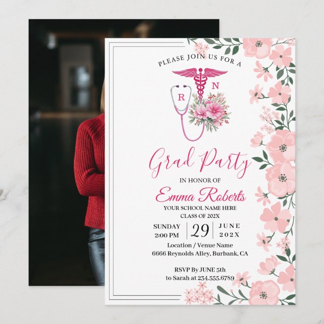 Pink Floral Nurse Graduation Invitation | RN BSN G (Front/Back)