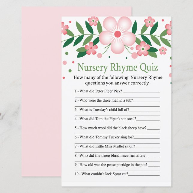 Pink Floral Nursery Rhyme Quiz baby shower game (Front/Back)