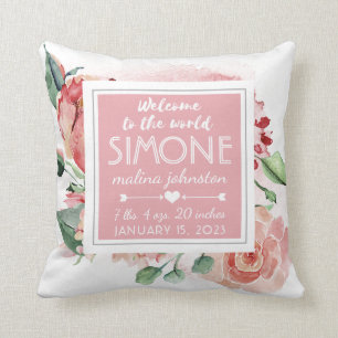 Pink Floral Nursery Welcome to the World Baby Throw Pillow