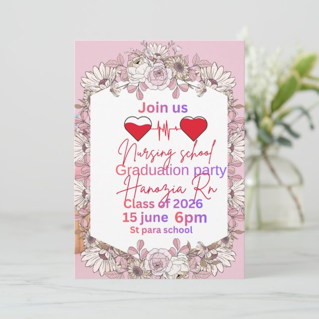 Pink Floral Nursing Graduation Invitation Card | H (Standing Front)
