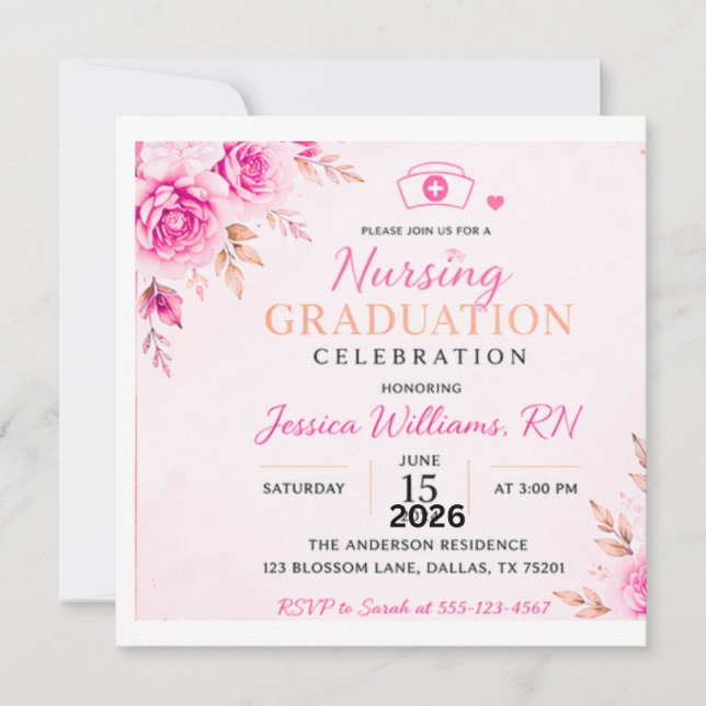 Pink Floral Nursing Graduation Invitation | Elegan (Front)
