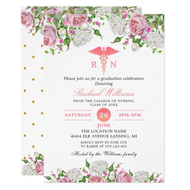 Pink Floral Nursing School Graduation Party Invitation