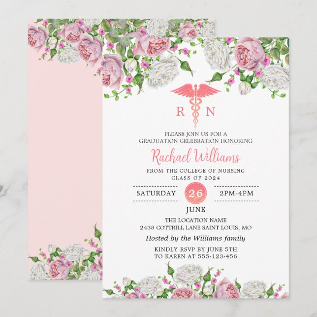 Pink Floral Nursing School Graduation Party Invitation (Front/Back)
