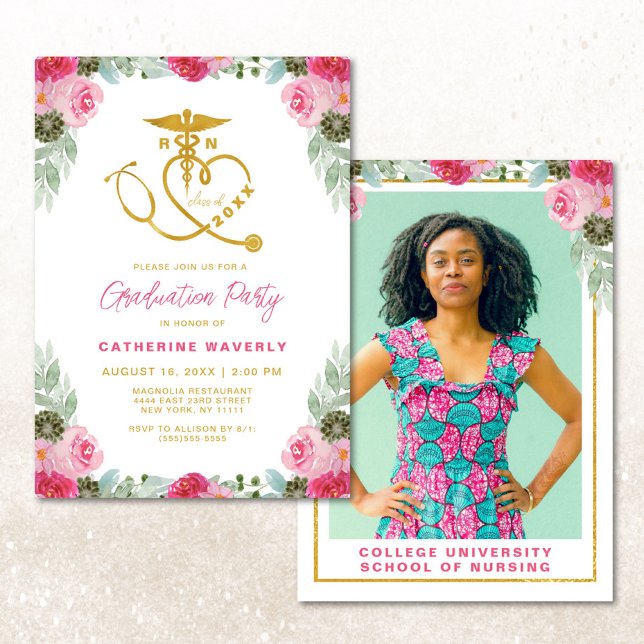 Pink Floral Nursing School Photo Graduation Invita Invitation (Creator Uploaded)