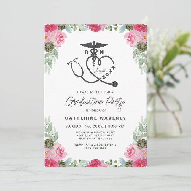 Pink Floral Nursing School Photo Graduation Invitation (Standing Front)