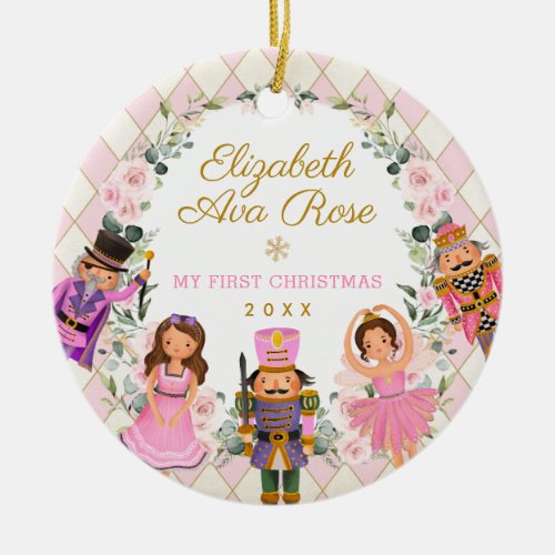 Pink Floral Nutcracker Baby 1st First Christmas Ce Ceramic Ornament