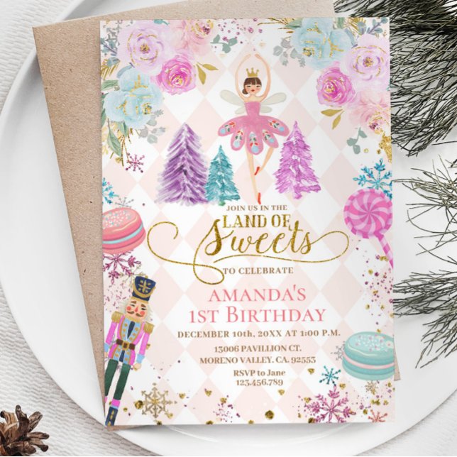 Pink Floral Nutcracker Land of Sweets Birthday Invitation (Creator Uploaded)