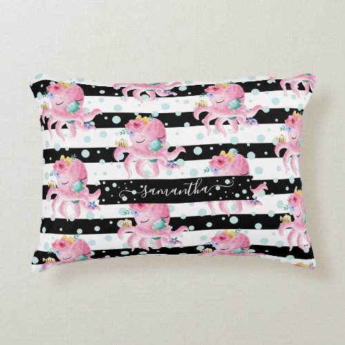 Pink Floral Octopus Water Bubbles Black Stripes Accent Pillow