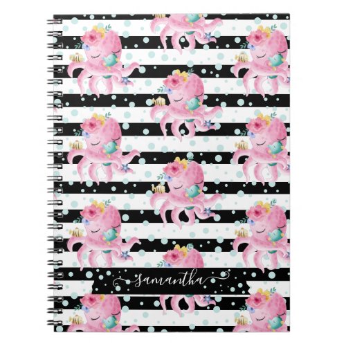 Pink Floral Octopus Water Bubbles Black Stripes Notebook