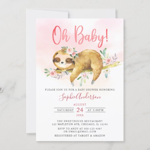 Pink Floral Oh Baby Girl Cute Sloth Baby Shower Invitation
