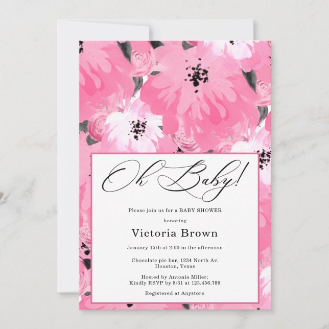 Pink Floral Oh Baby Shower Invitation (Front)