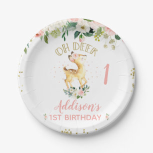 Pink Floral Oh Deer 1st Birthday Paper Plates