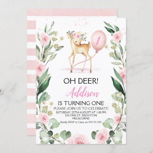 Pink Floral Oh Deer Any Age Birthday  Invitation