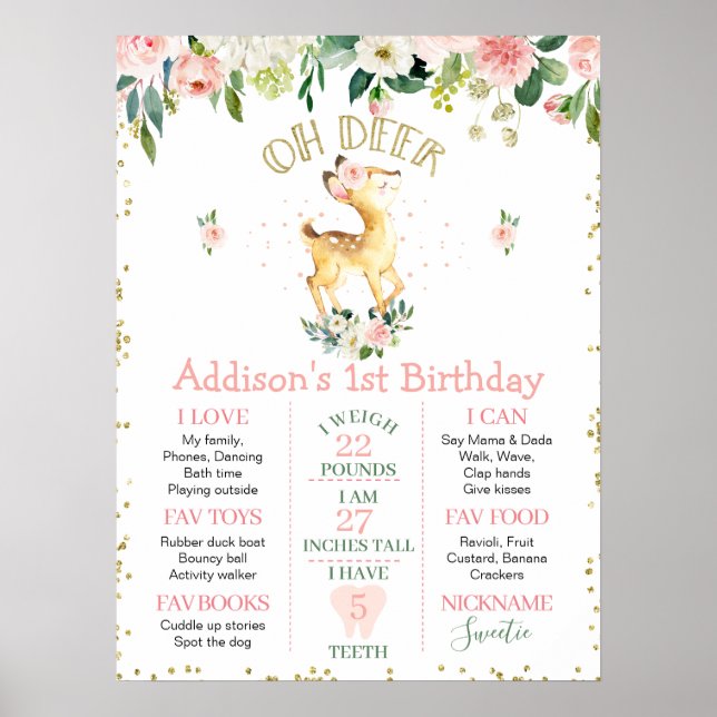 Pink Floral Oh Deer Birthday Milestone Poster (Front)