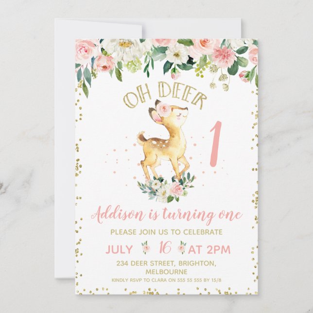 Pink Floral Oh Deer Birthday Party Invitation (Front)