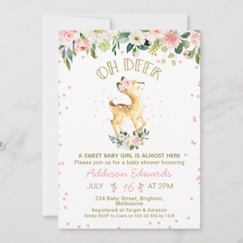 Pink Floral Oh Deer Girls Baby Shower Invitation