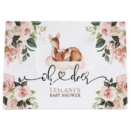 Pink Floral Oh Deer Watercolor Baby Shower Large Gift Bag