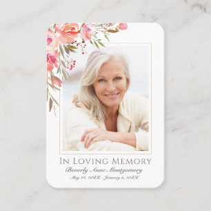 Pink Floral Olive Font Photo Funeral Memorial Card