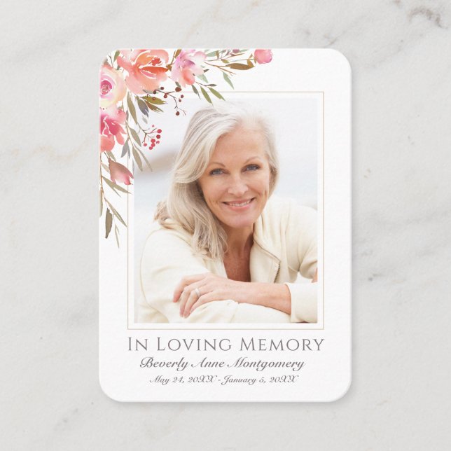 Pink Floral Olive Font Photo Funeral Memorial Card (Front)