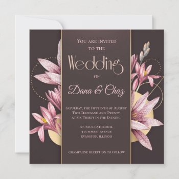 Pink Floral On Brown Background Wedding Invitation by SharonCullars at Zazzle