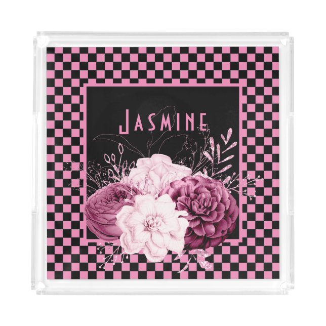 Pink Floral on Checkerboard Acrylic Tray (Front)
