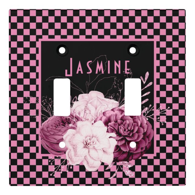 Pink Floral on Checkerboard Light Switch Cover (Front)