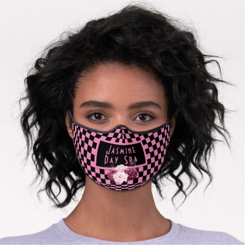 Pink Floral on Checkerboard Salon Premium Face Mask