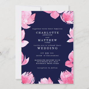 Pink Floral on Dark Navy Wedding Invitation
