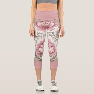 Pink Floral on Light Pink With Dark Pink Band Capri Leggings