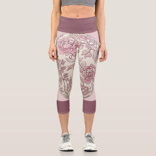 Pink Floral on Light Pink With Dark Pink Band Capri Leggings