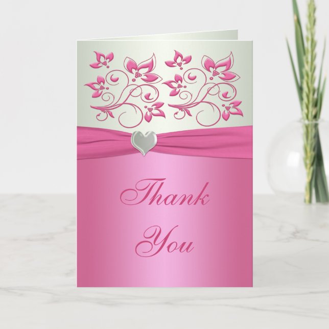 Pink Floral on Pale Green Thank You Card (Front)