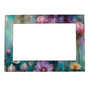 Pink floral on teal gold textured background Magnetic Frame