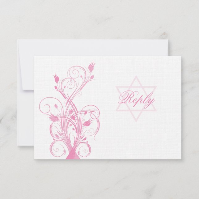 Pink Floral on White Linen Bat Mitzvah RSVP Card (Front)