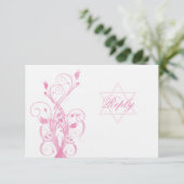 Pink Floral on White Linen Bat Mitzvah RSVP Card (Standing Front)