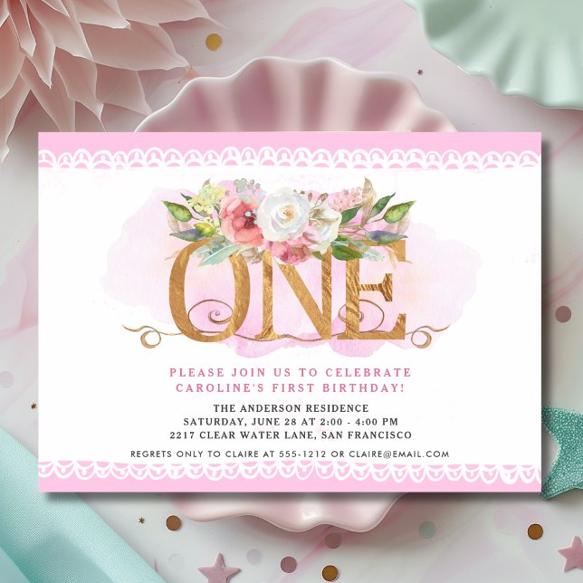 Pink Floral ONE First Birthday Invitation (Creator Uploaded)