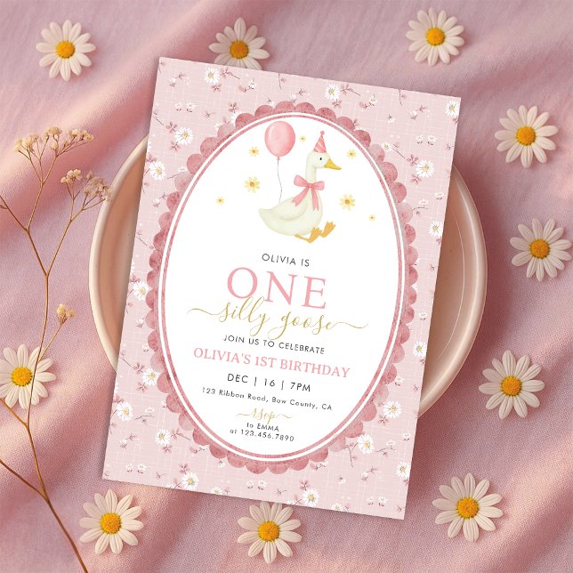 Pink Floral One Silly Goose Girl 1st Birthday Invitation (Creator Uploaded)