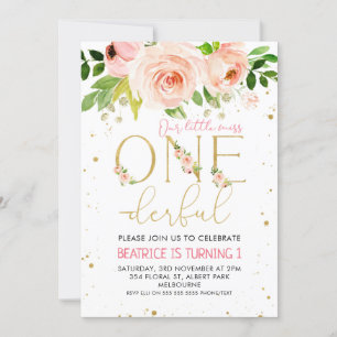 Pink Floral Onederful Girls Birthday Invitation