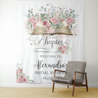 Pink Floral Opened Book Chapter Bridal Guest Book Tapestry