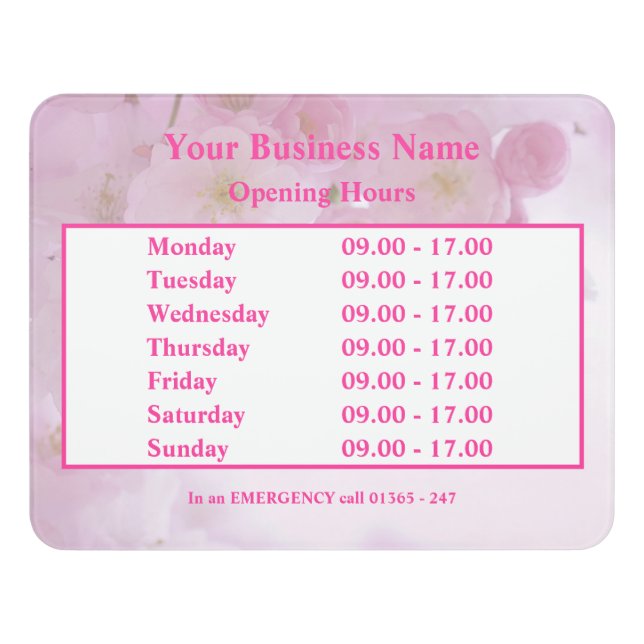 Pink floral Opening hours Sign (Contemporary Front)