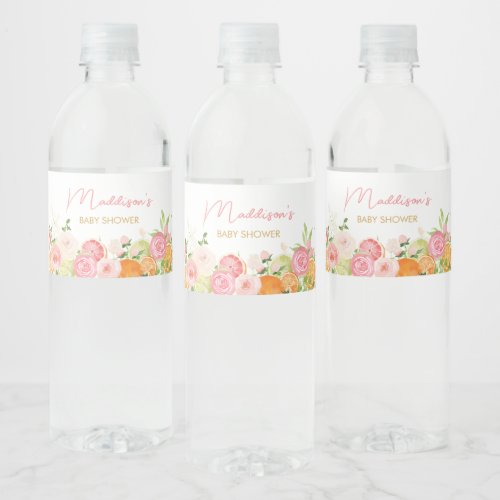 Pink Floral Orange Citrus  Water Bottle Label