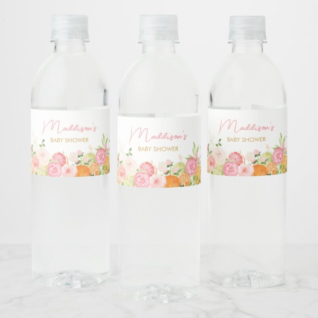 Pink Floral Orange Citrus  Water Bottle Label (Bottles)