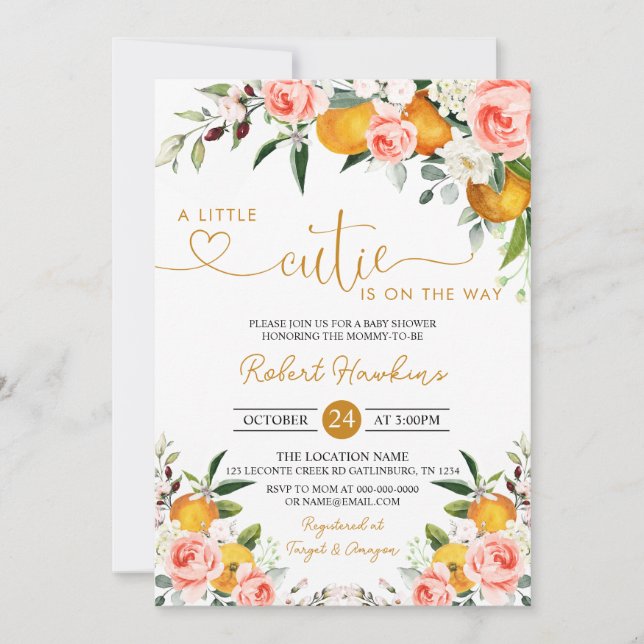Pink Floral, Orange Little Cutie Baby Shower Invitation (Front)