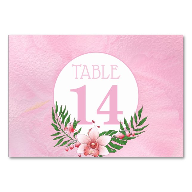 Pink Floral Orchid Wedding Table Number Card (Front)