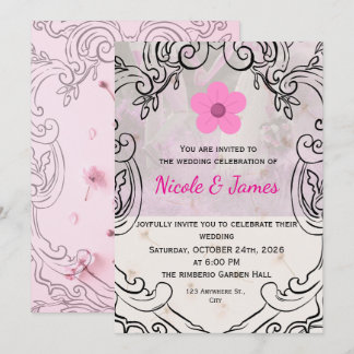Pink Floral Ornate Elegant Wedding Invitation