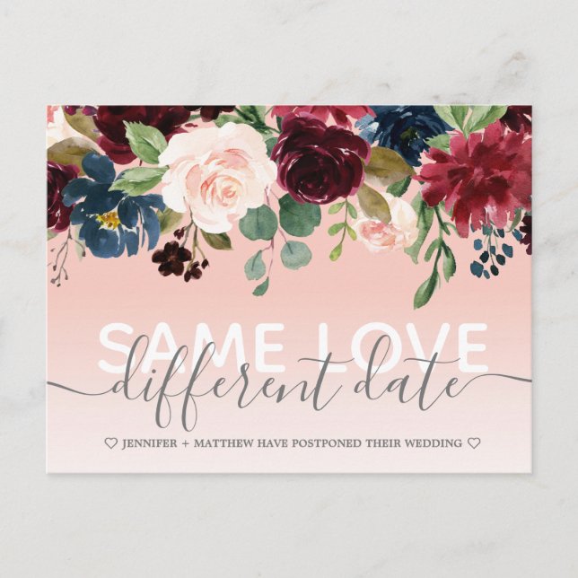 Pink Floral Other Date Wedding Typography Photo Announcement Postcard (Front)