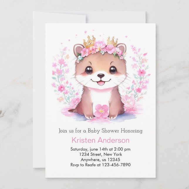 Pink Floral Otter Girl Baby Shower Invitation (Front)